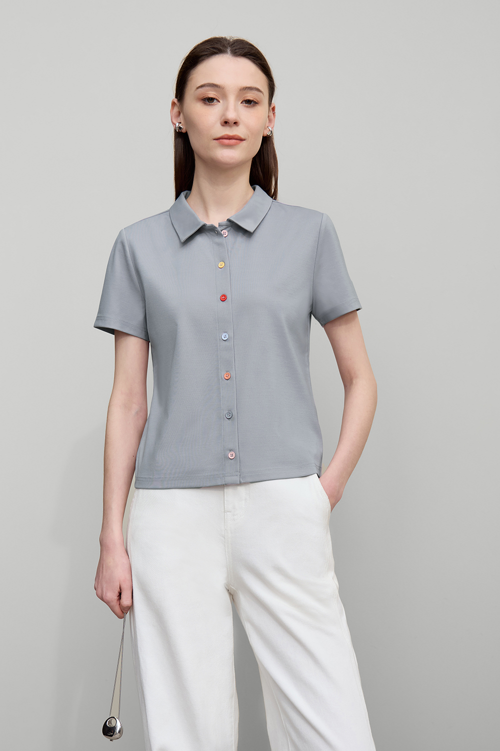 Contrast Button Lapel T-shirt