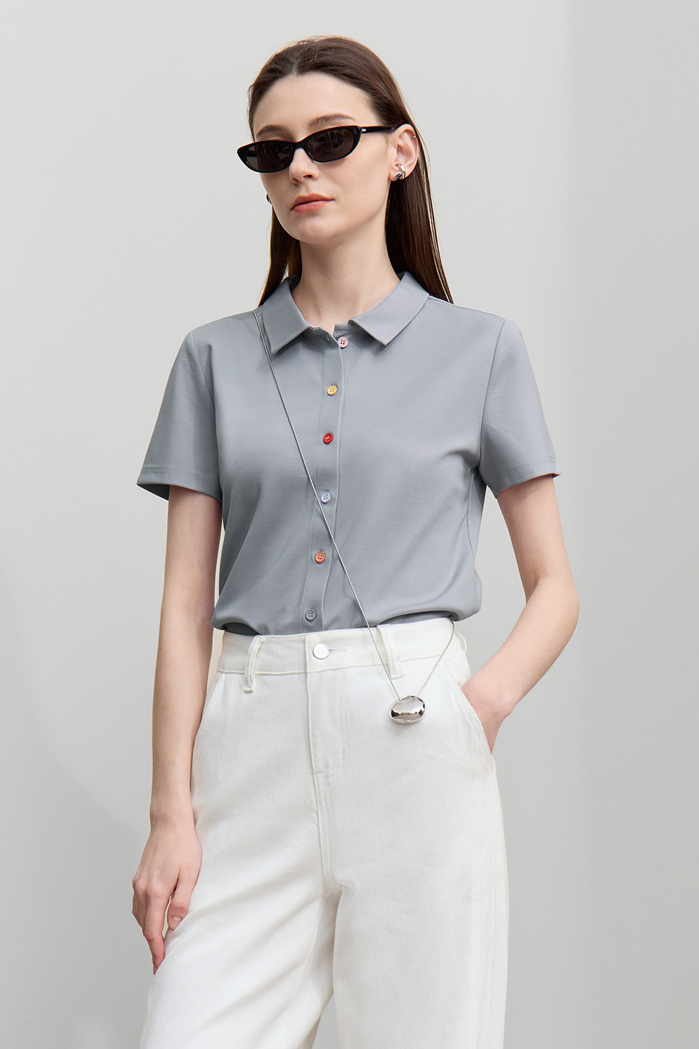 Contrast Button Lapel T-shirt