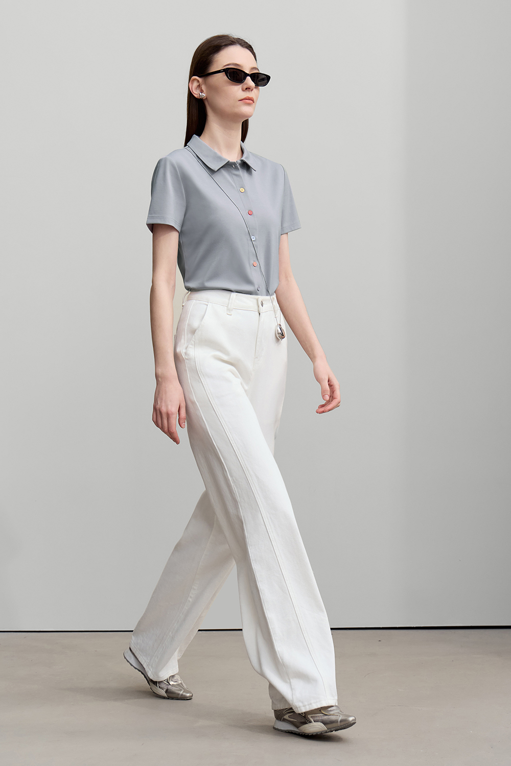 Contrast Button Lapel T-shirt