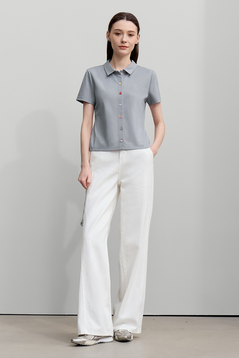 Contrast Button Lapel T-shirt