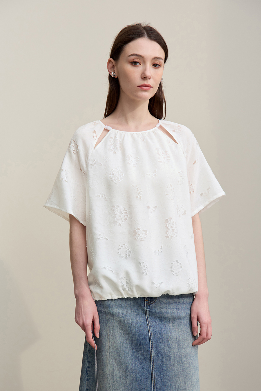 Crew Neck Drawstring Cut-out T-shirt