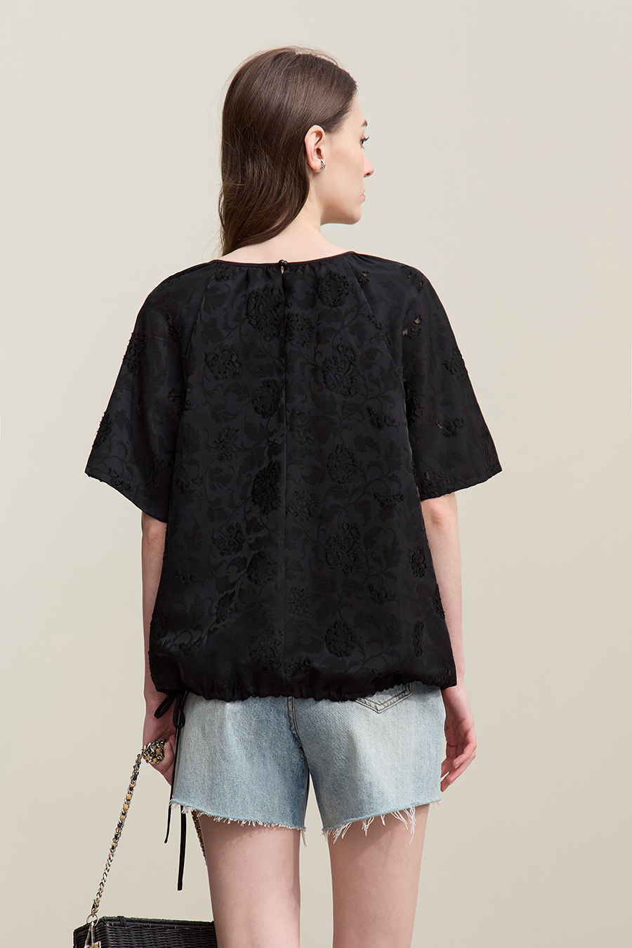 Crew Neck Drawstring Cut-out T-shirt