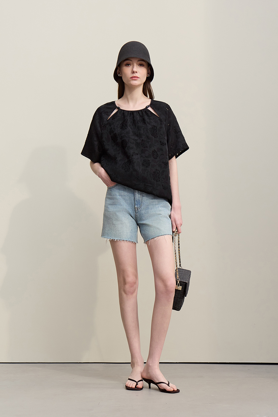 Crew Neck Drawstring Cut-out T-shirt