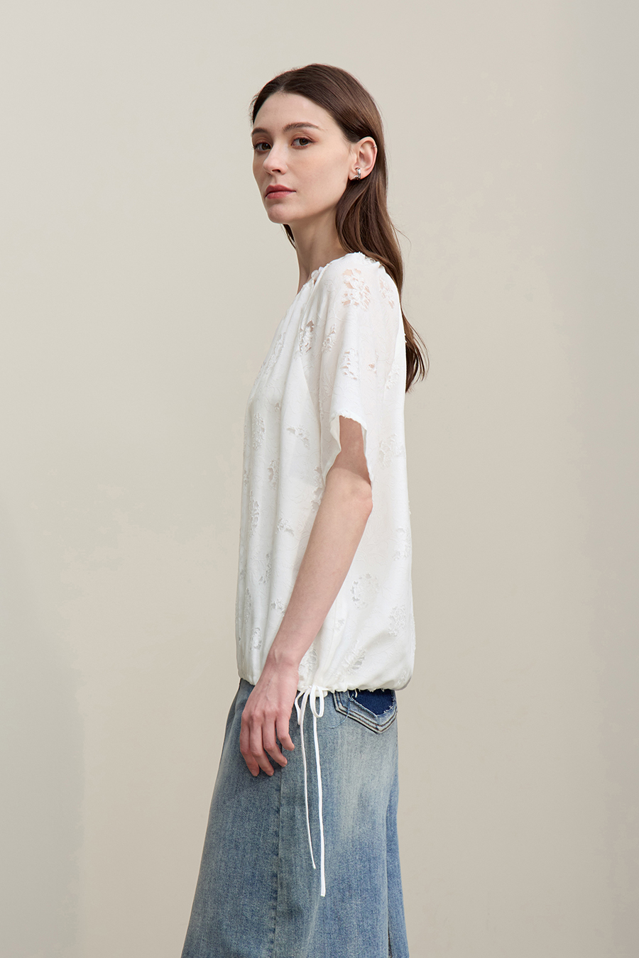 Crew Neck Drawstring Cut-out T-shirt