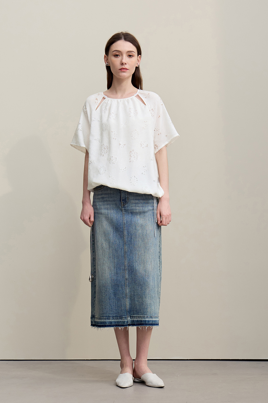 Crew Neck Drawstring Cut-out T-shirt