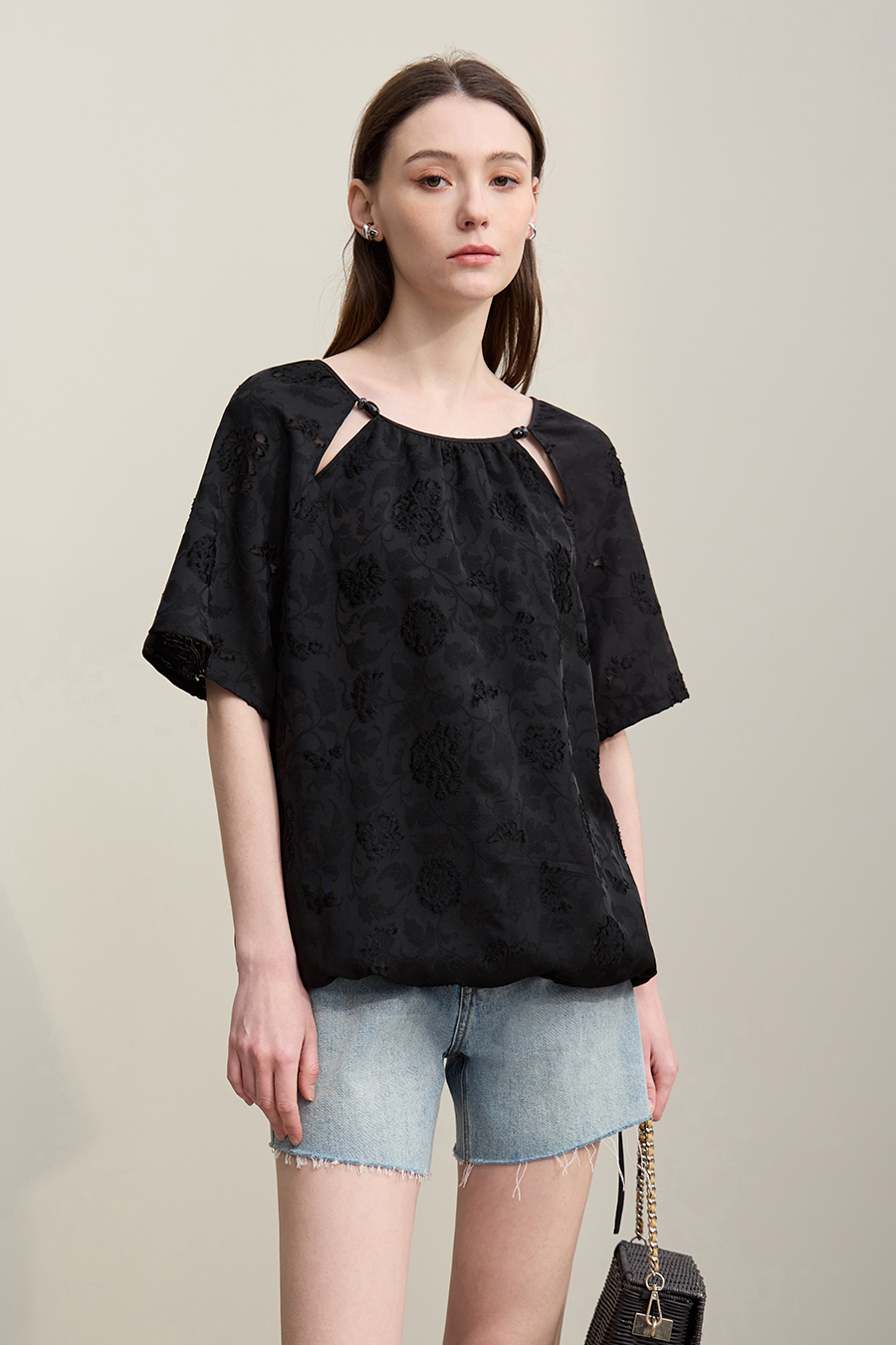 Crew Neck Drawstring Cut-out T-shirt