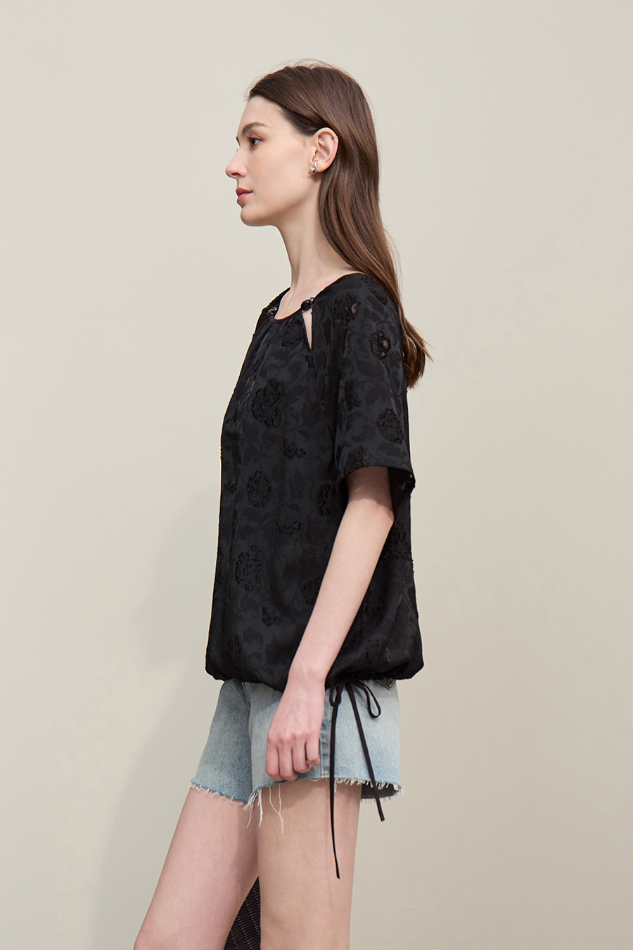 Crew Neck Drawstring Cut-out T-shirt