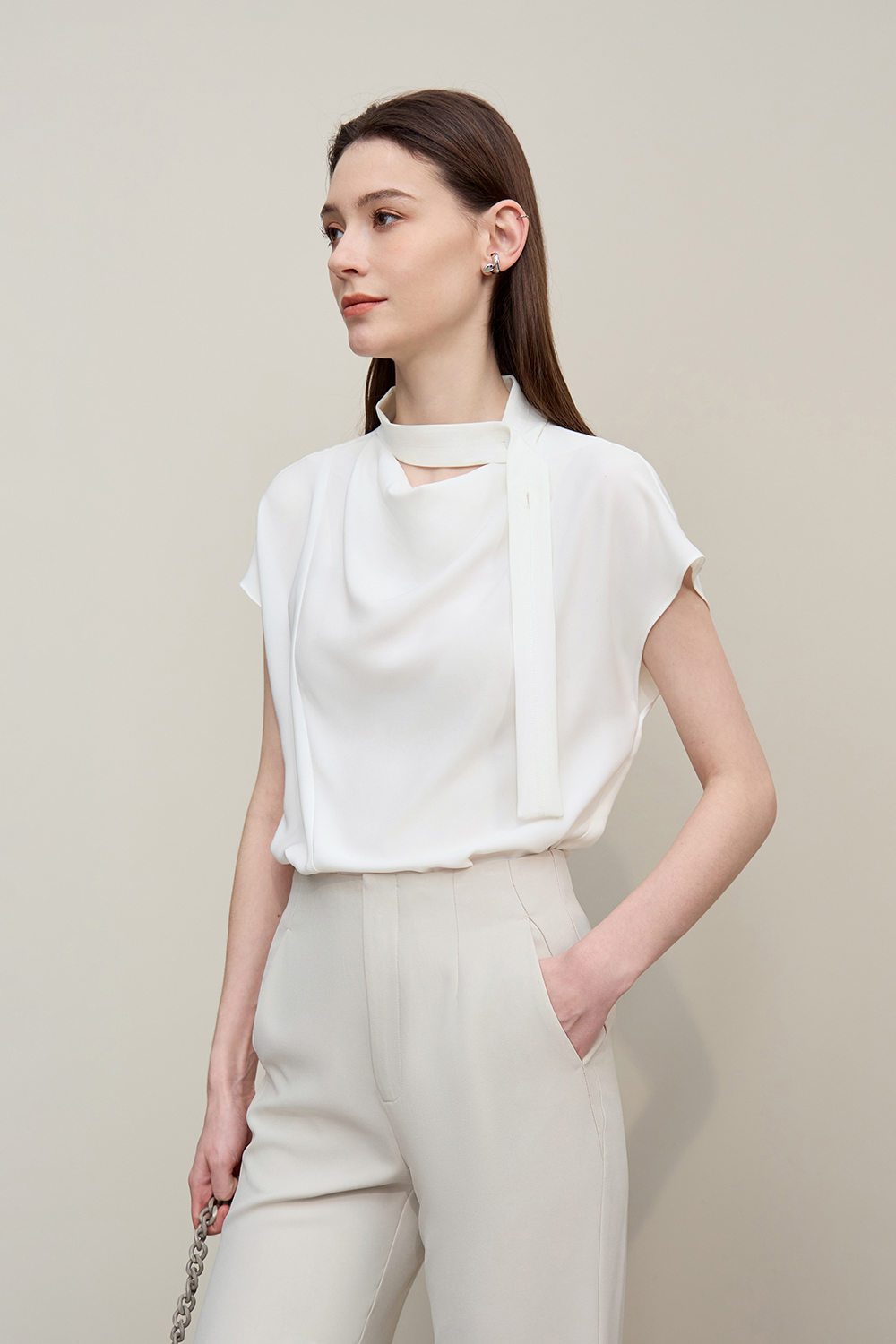 Swing Collar Tie Chiffon Top