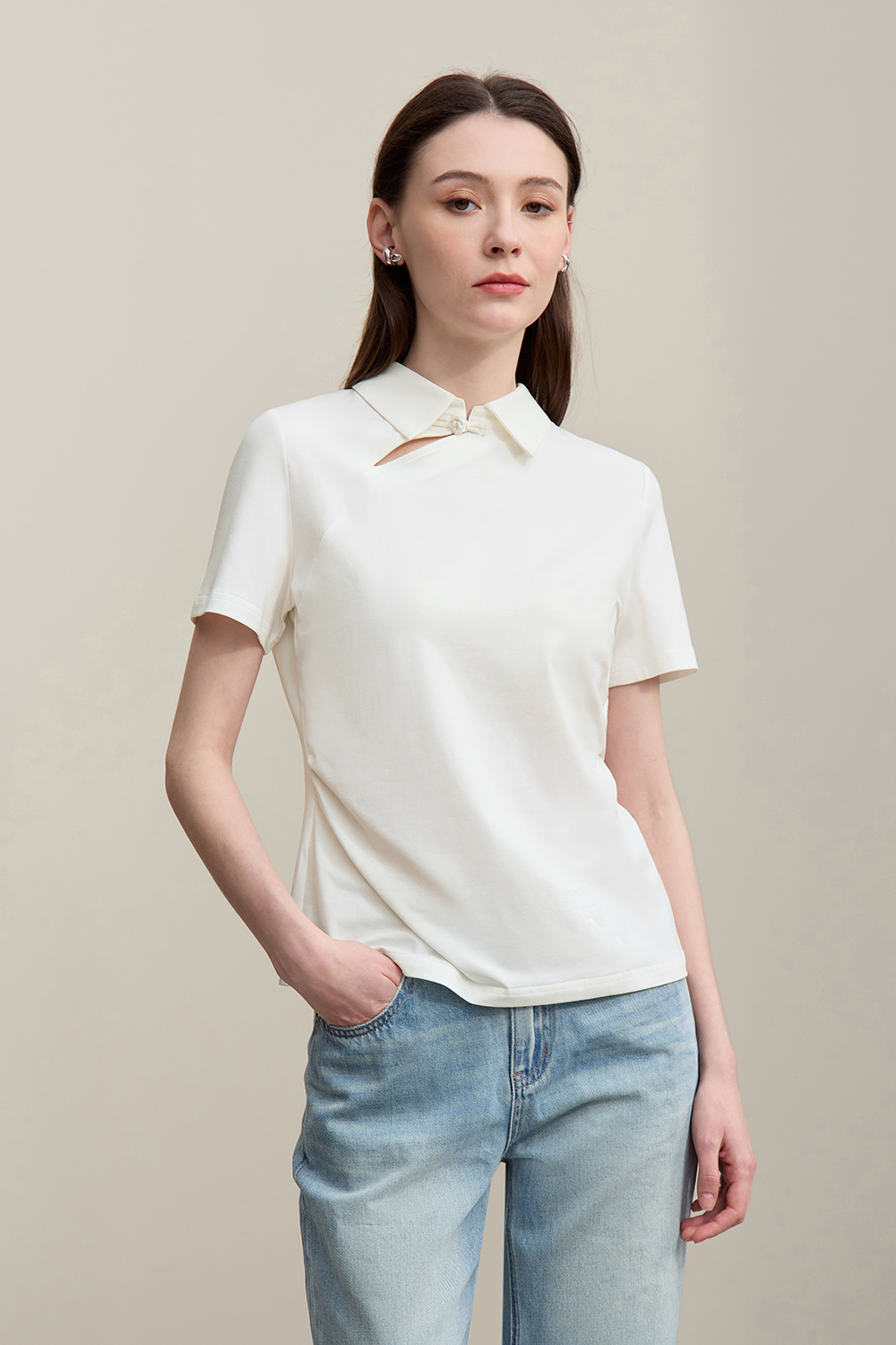 Lapel Frog Button Cotton Stretch T-shirt