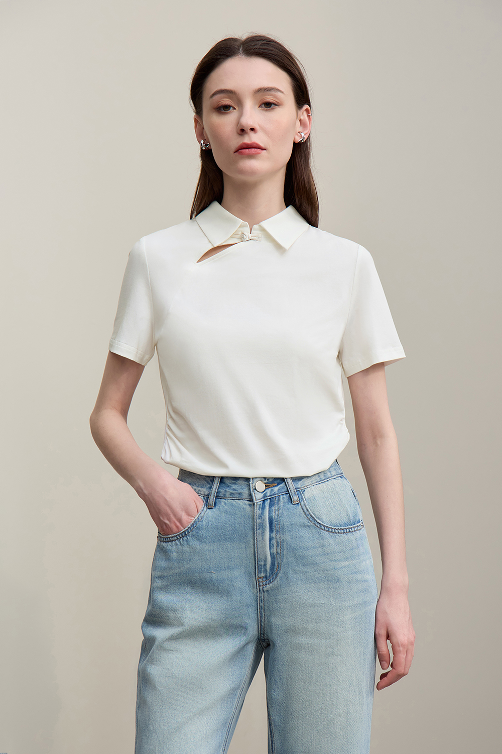 Lapel Frog Button Cotton Stretch T-shirt