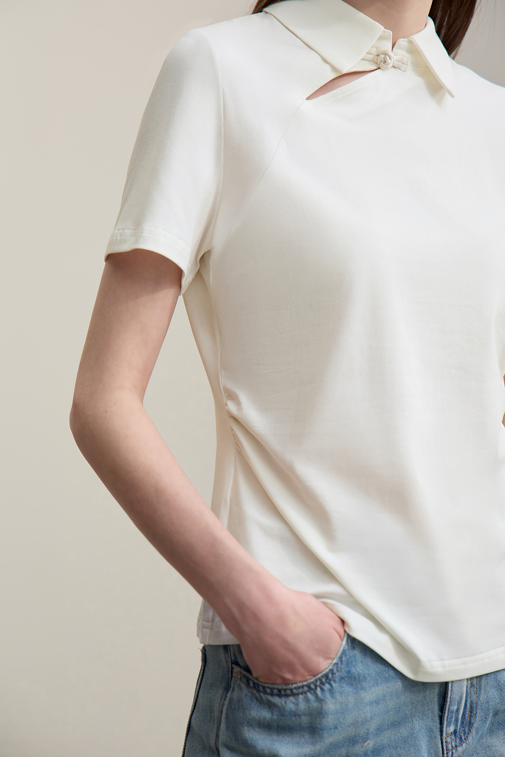 Lapel Frog Button Cotton Stretch T-shirt