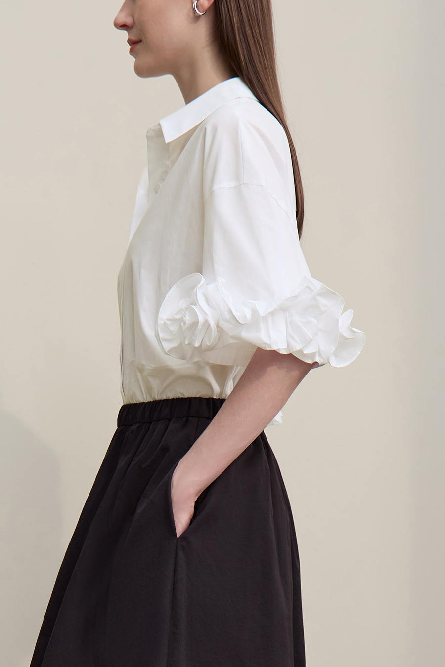 Lapel Twist Pleat Cotton Shirt