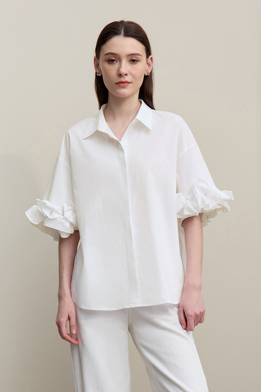Lapel Twist Pleat Cotton Shirt