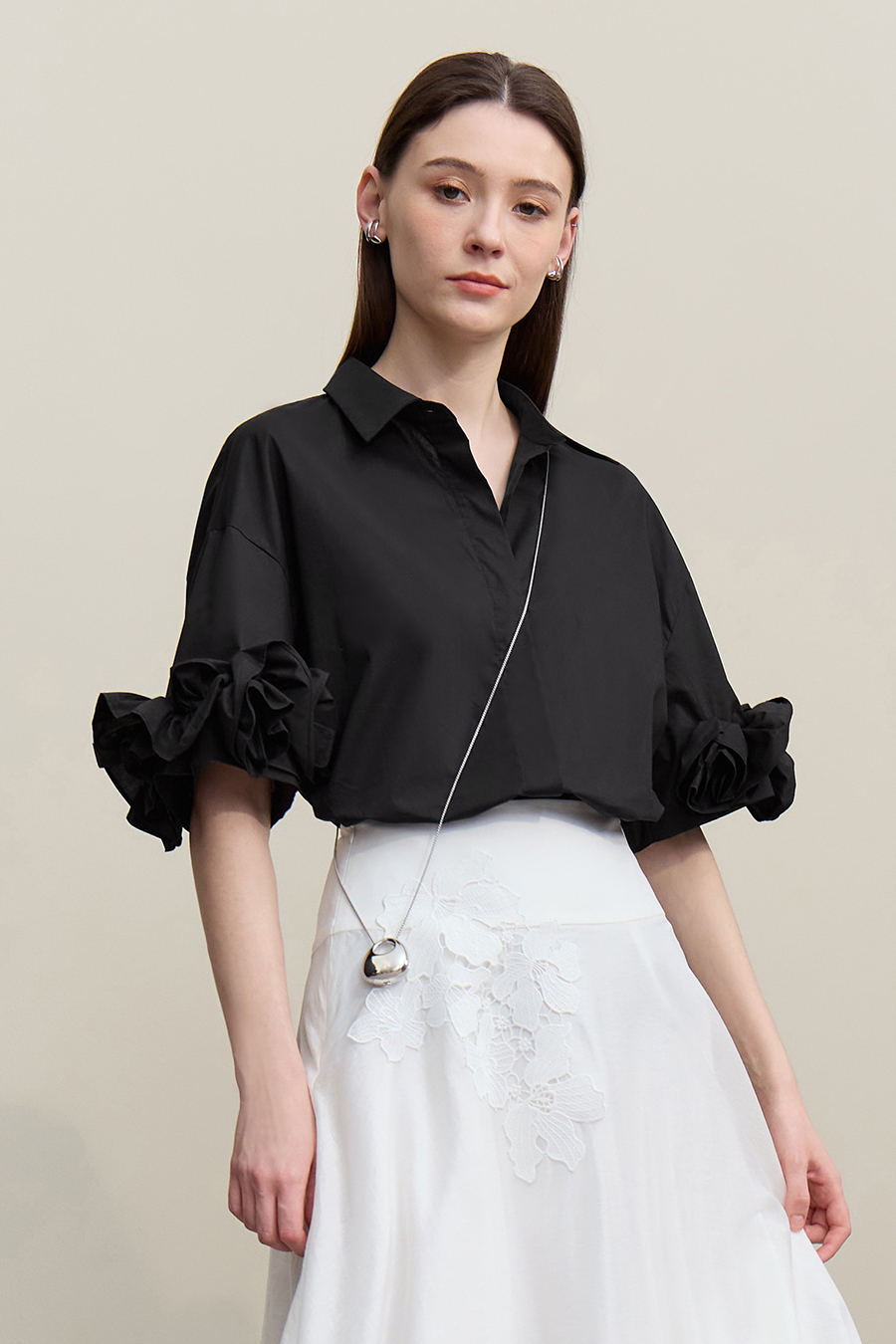 Lapel Twist Pleat Cotton Shirt
