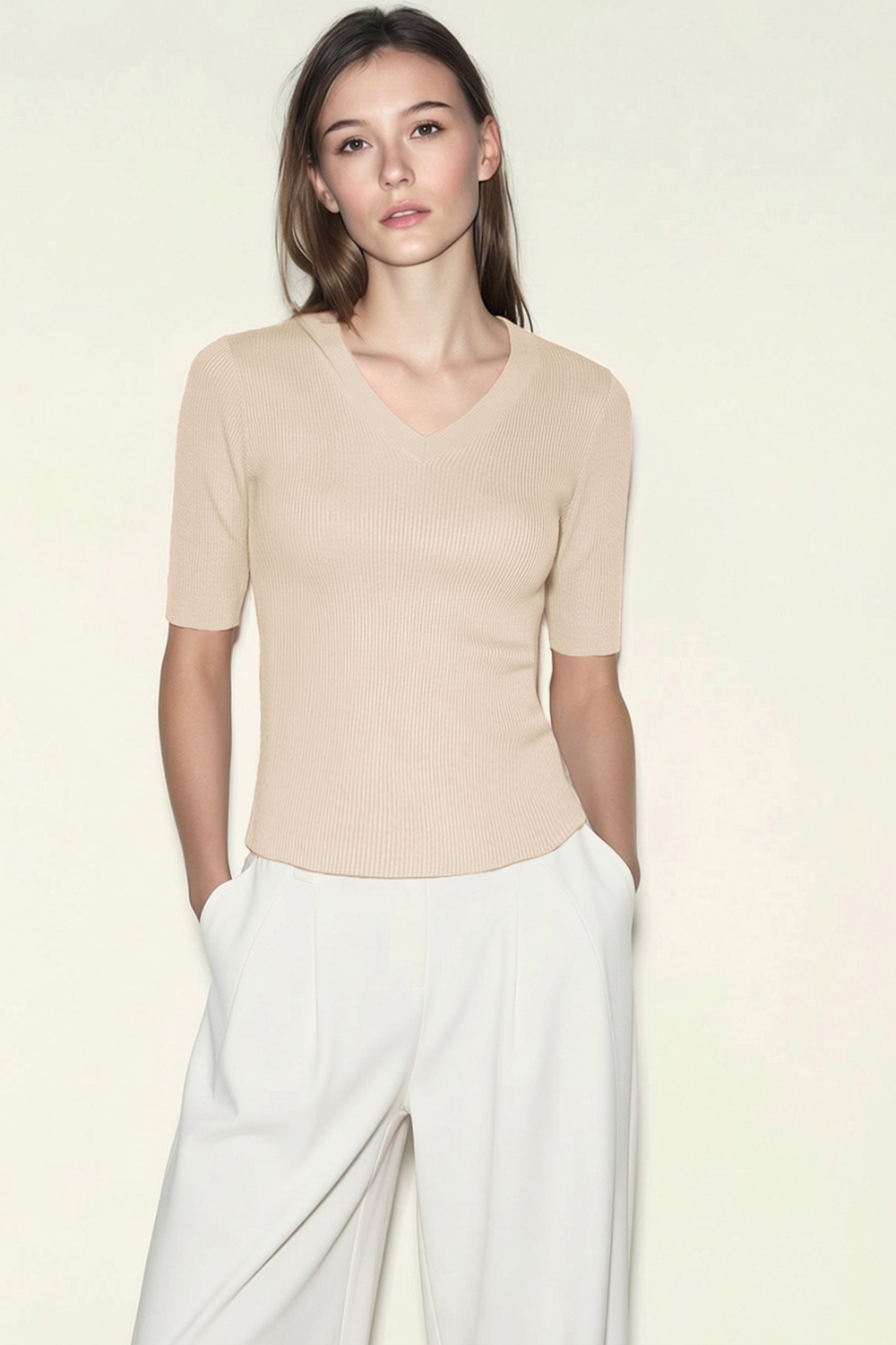 V-neck Half Sleeve Knit Sweater