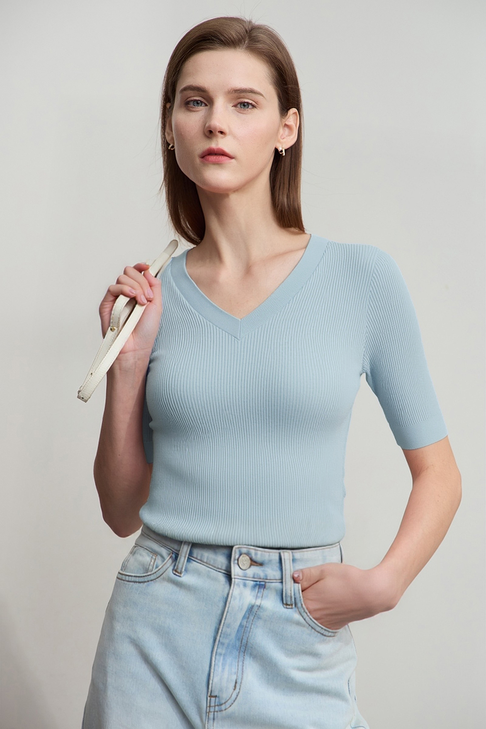 V-neck Half Sleeve Knit Sweater