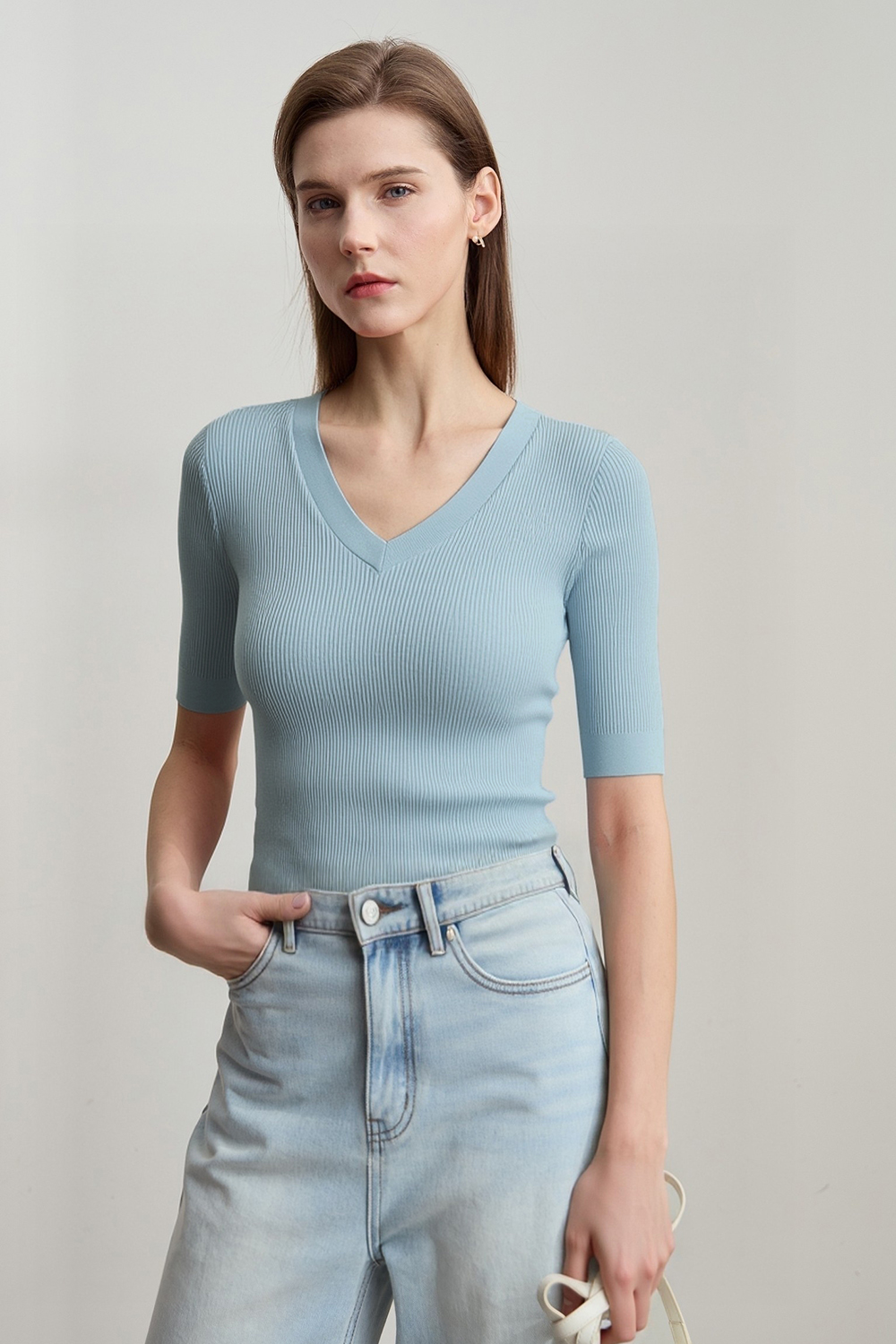 V-neck Half Sleeve Knit Sweater