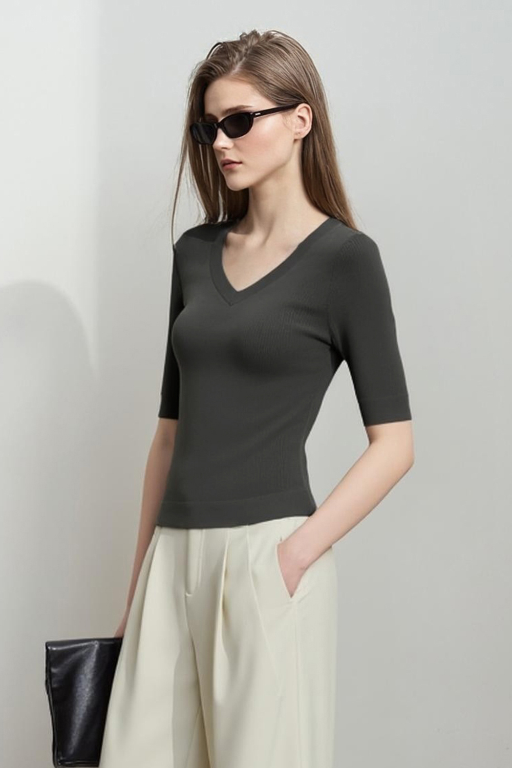 V-neck Half Sleeve Knit Sweater