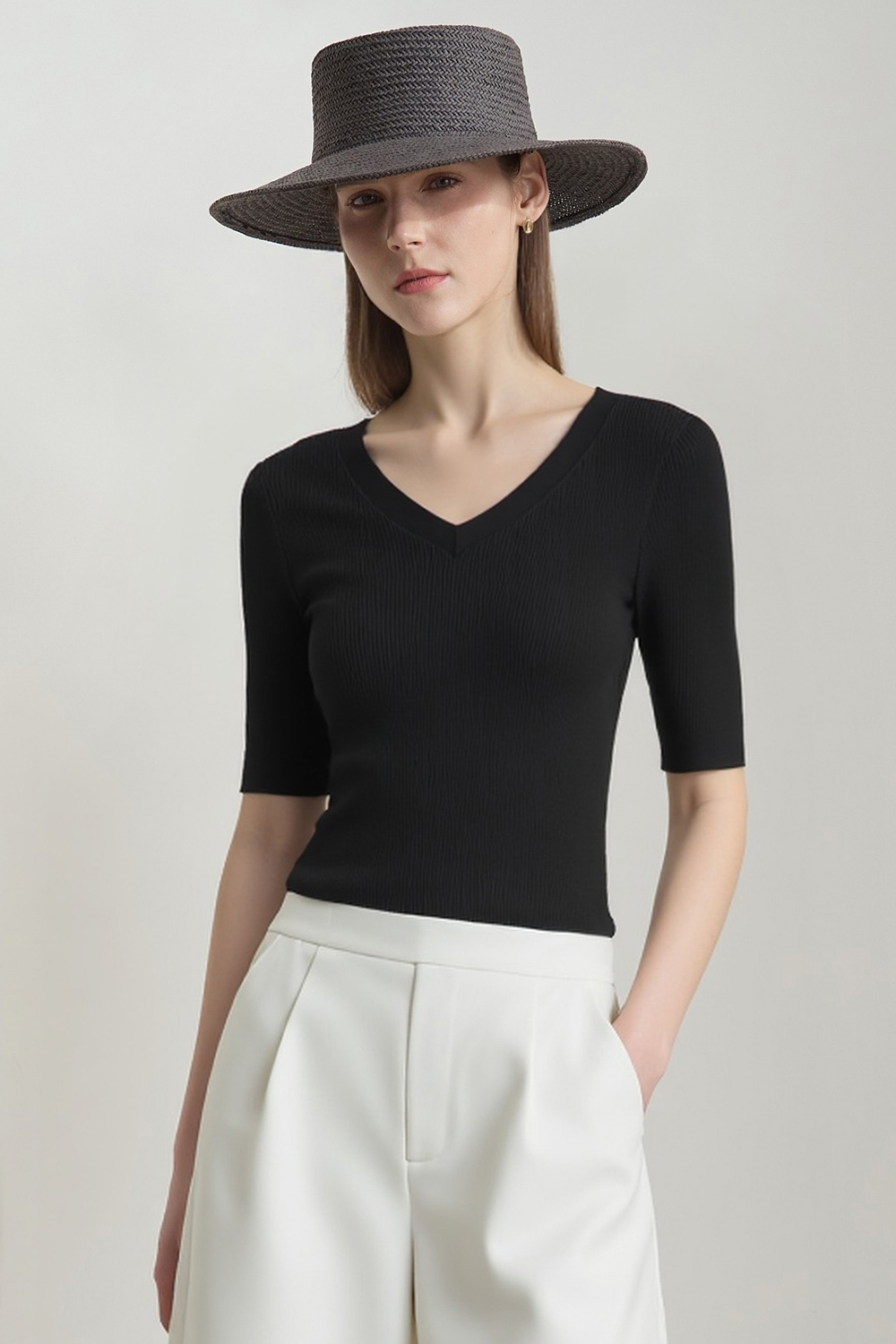 V-neck Half Sleeve Knit Sweater