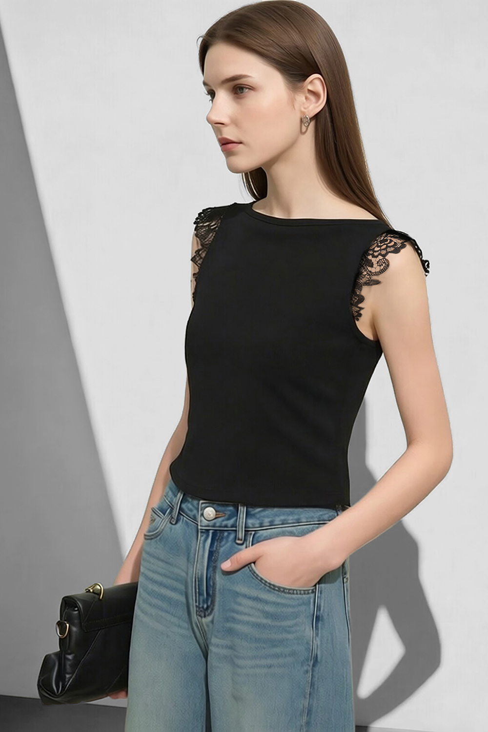 Lace Spliced Cotton Stretch T-shirt