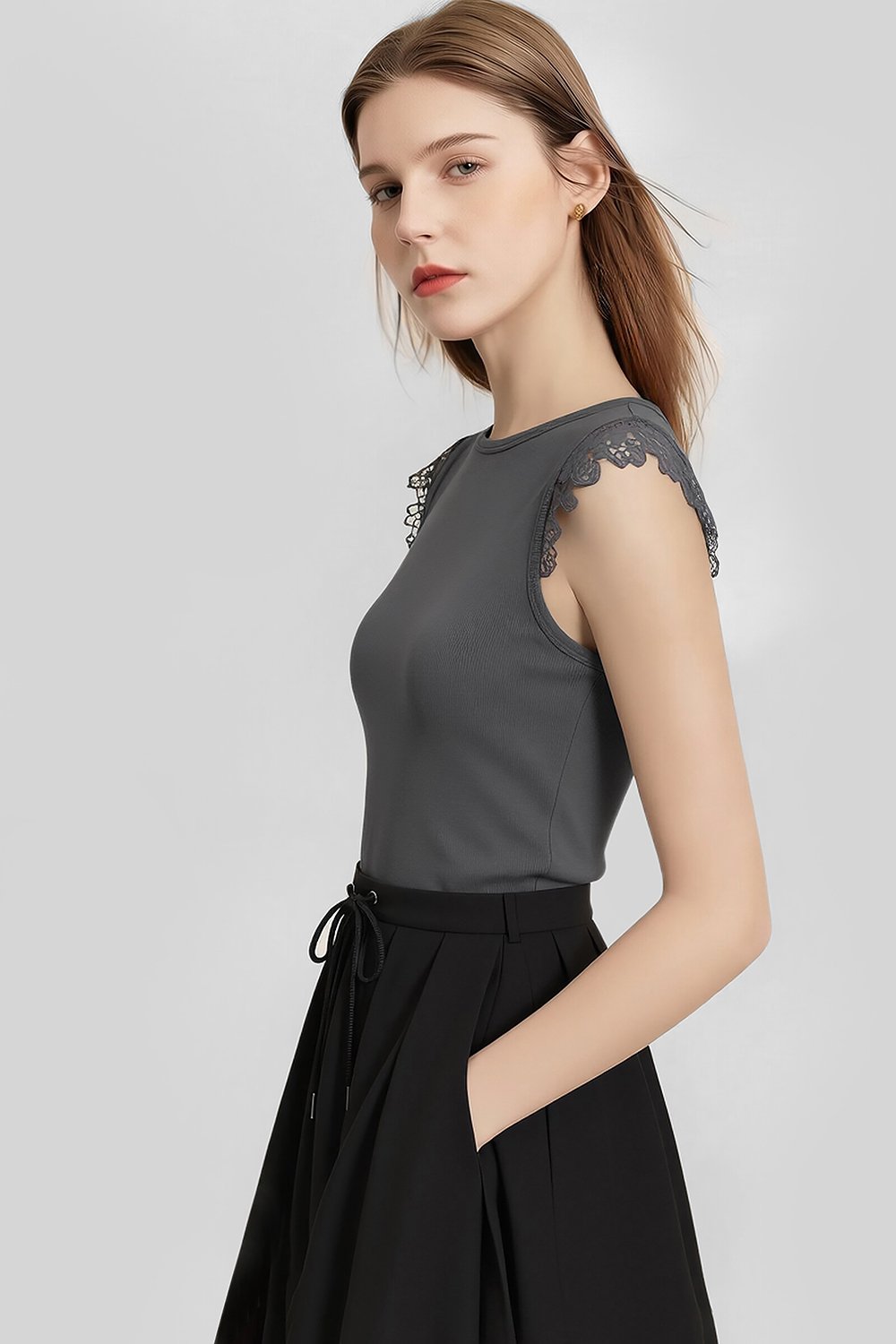 Lace Spliced Cotton Stretch T-shirt