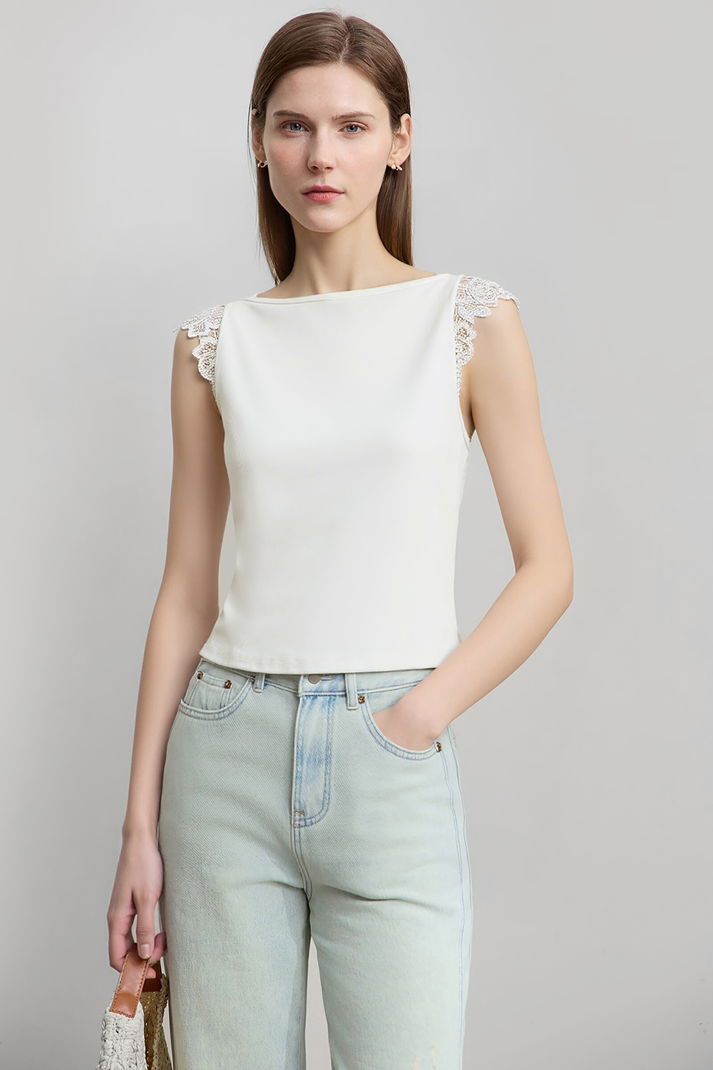 Lace Spliced Cotton Stretch T-shirt