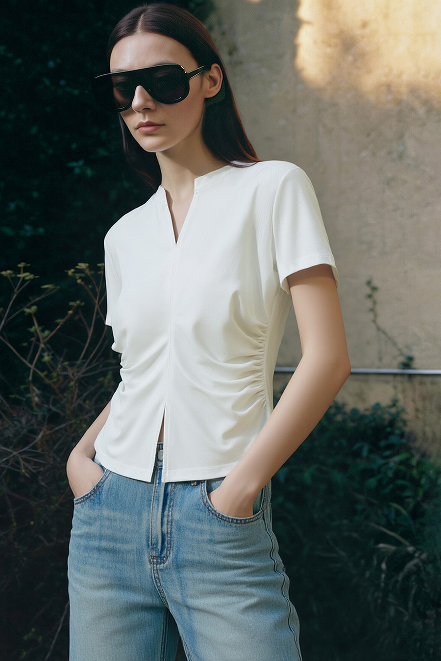 V-Neck Gathered Short Sleeve T-Shirt|AMII