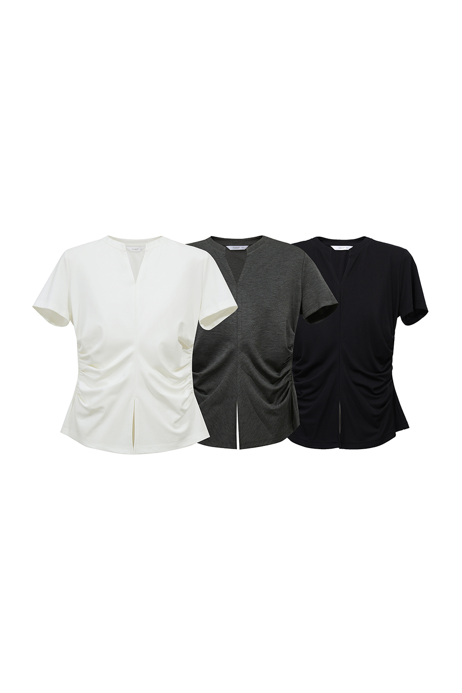 V-Neck Gathered Short Sleeve T-Shirt|AMII