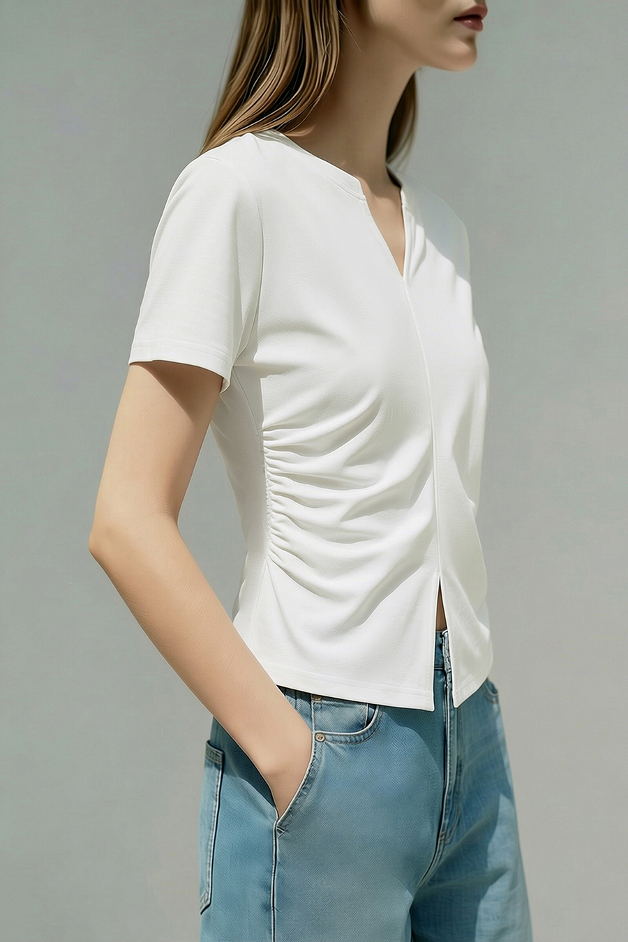 V-Neck Gathered Short Sleeve T-Shirt|AMII