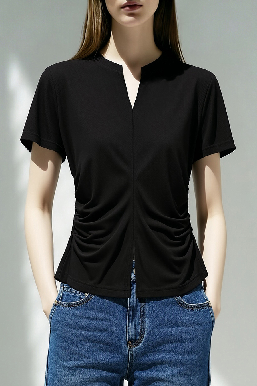 V-Neck Gathered Short Sleeve T-Shirt|AMII