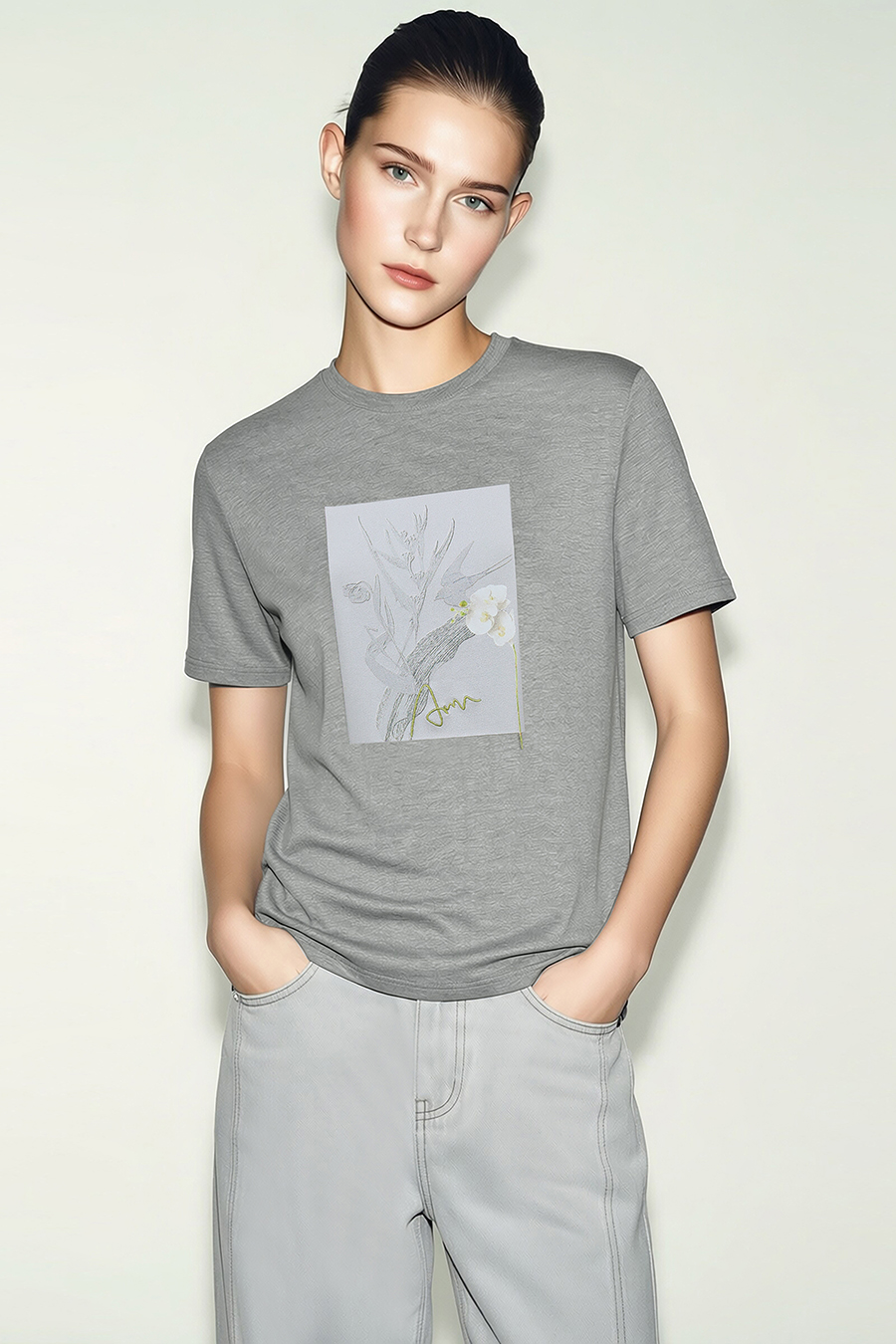 Embroidered Print Stretch Cotton T-Shirt|AMII