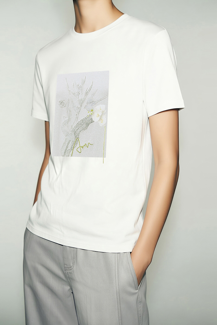 Embroidered Print Stretch Cotton T-Shirt|AMII