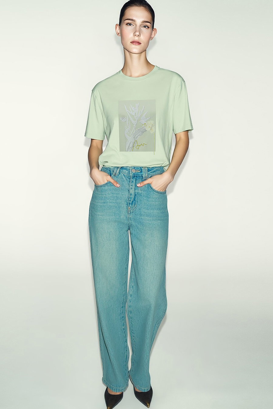 Embroidered Print Stretch Cotton T-Shirt|AMII