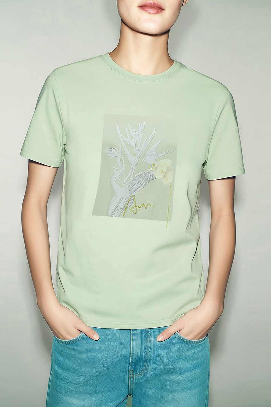 Embroidered Print Stretch Cotton T-Shirt|AMII