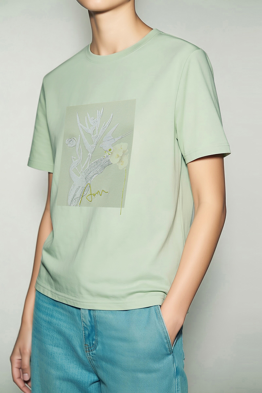 Embroidered Print Stretch Cotton T-Shirt|AMII