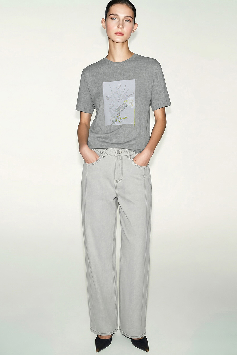Embroidered Print Stretch Cotton T-Shirt|AMII