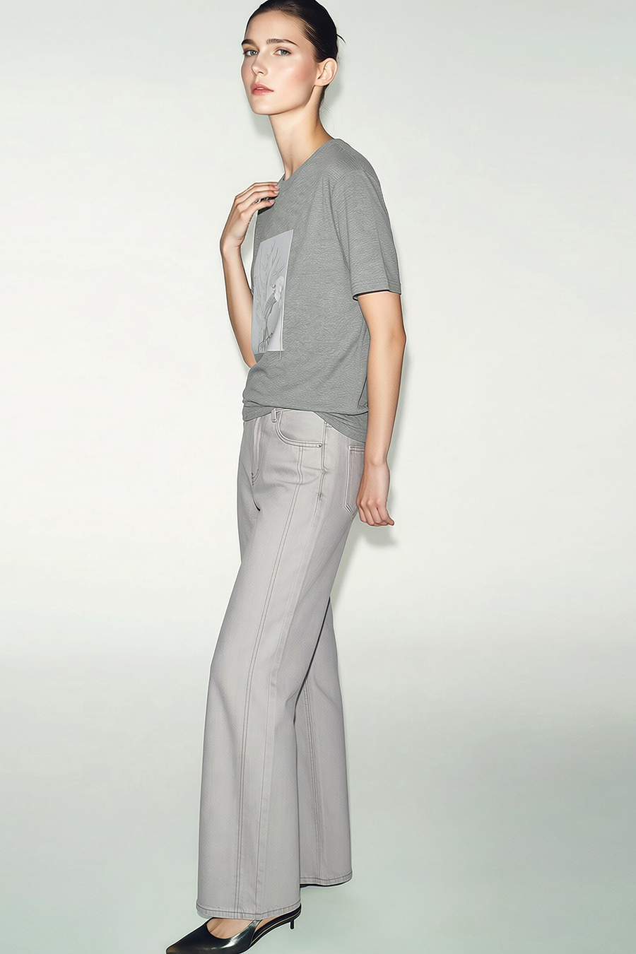 Embroidered Print Stretch Cotton T-Shirt|AMII