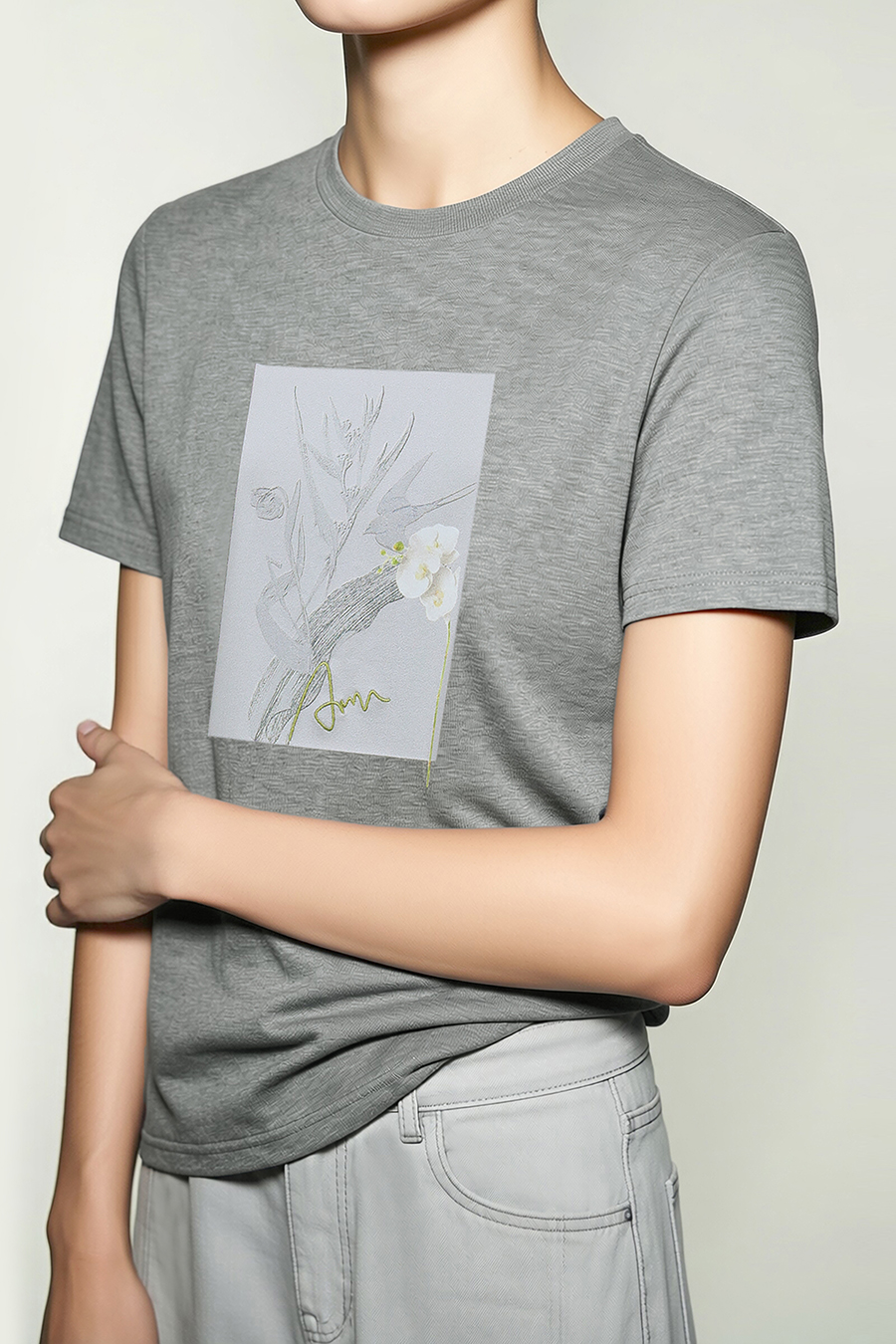 Embroidered Print Stretch Cotton T-Shirt|AMII