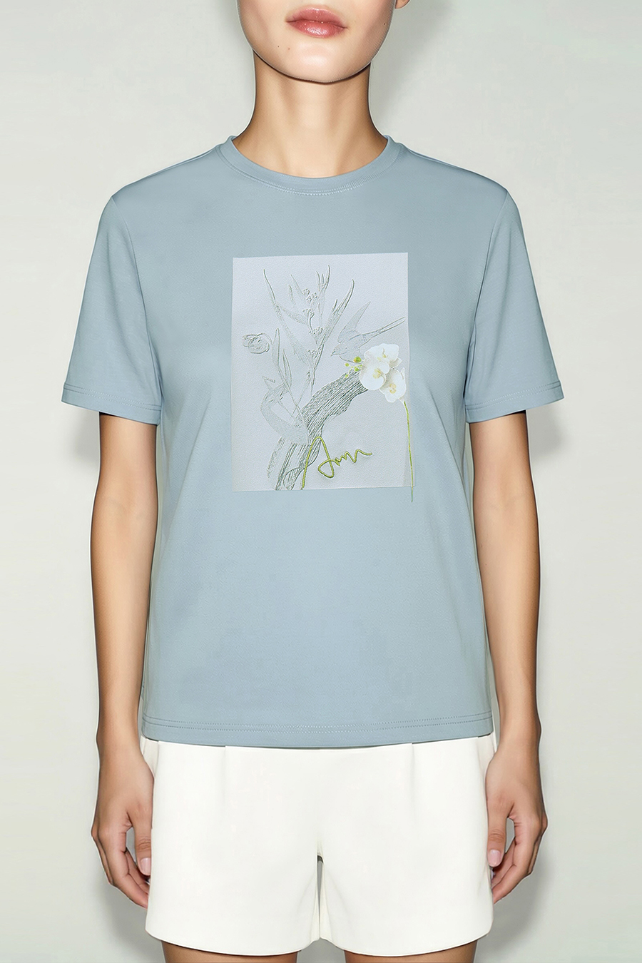 Embroidered Print Stretch Cotton T-Shirt|AMII