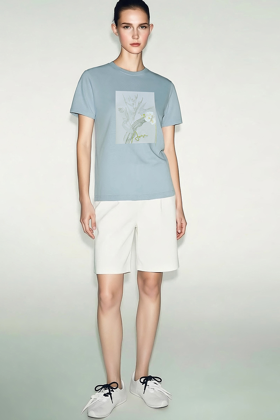 Embroidered Print Stretch Cotton T-Shirt|AMII