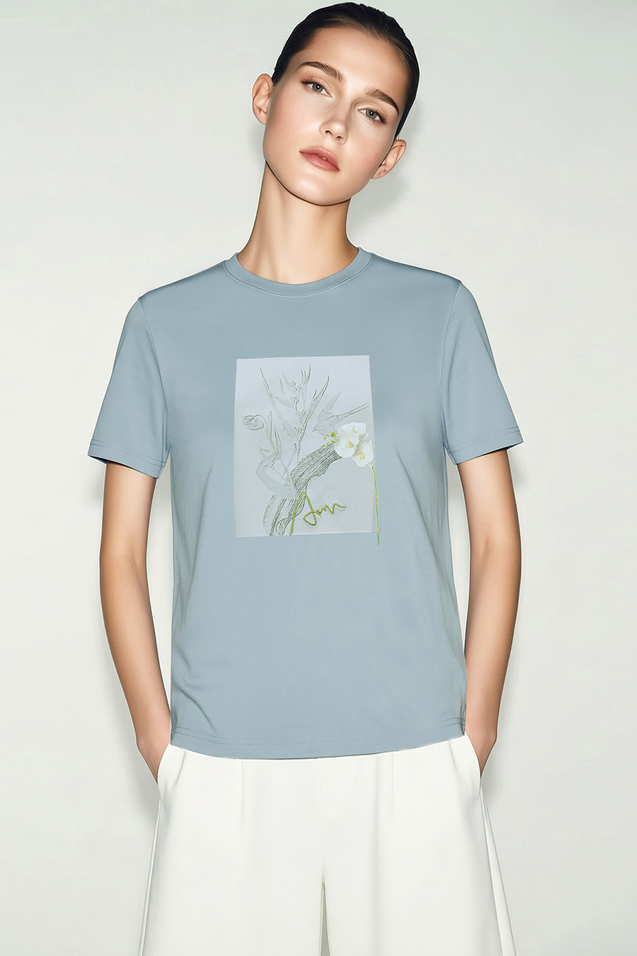 Embroidered Print Stretch Cotton T-Shirt|AMII