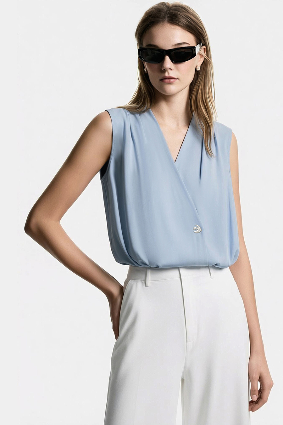 One-Button Sleeveless Chiffon Top