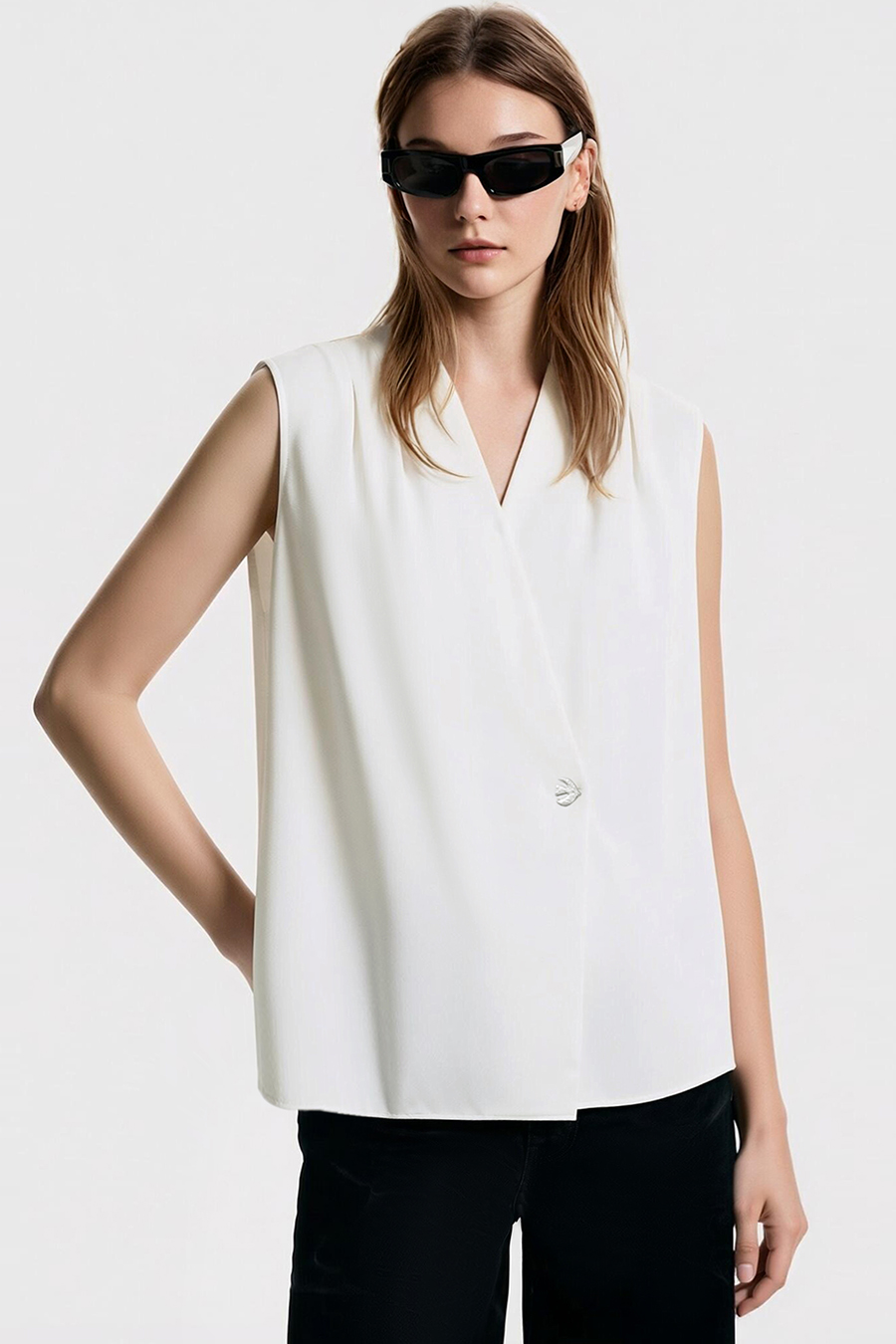One-Button Sleeveless Chiffon Top