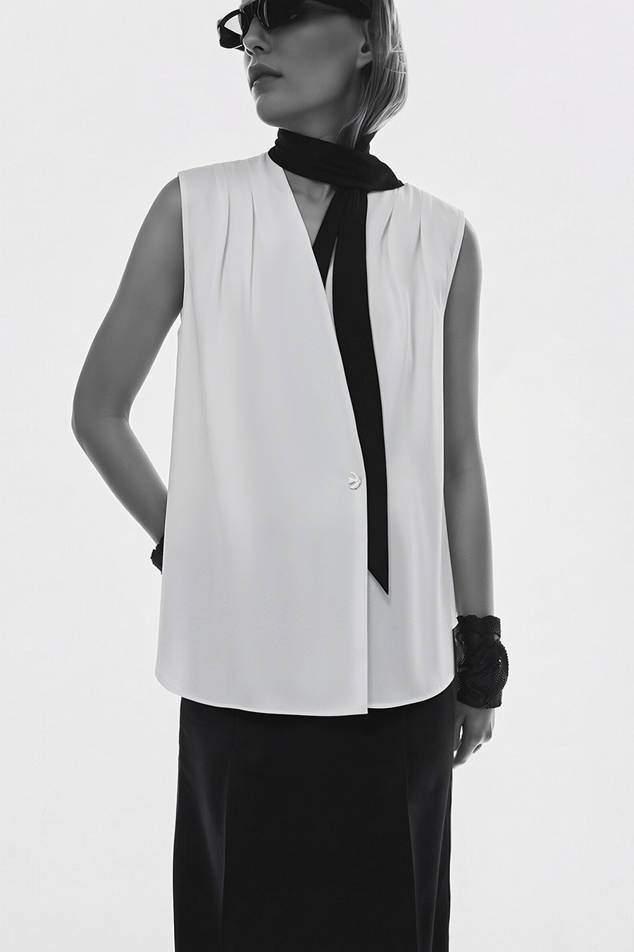 One-Button Sleeveless Chiffon Top