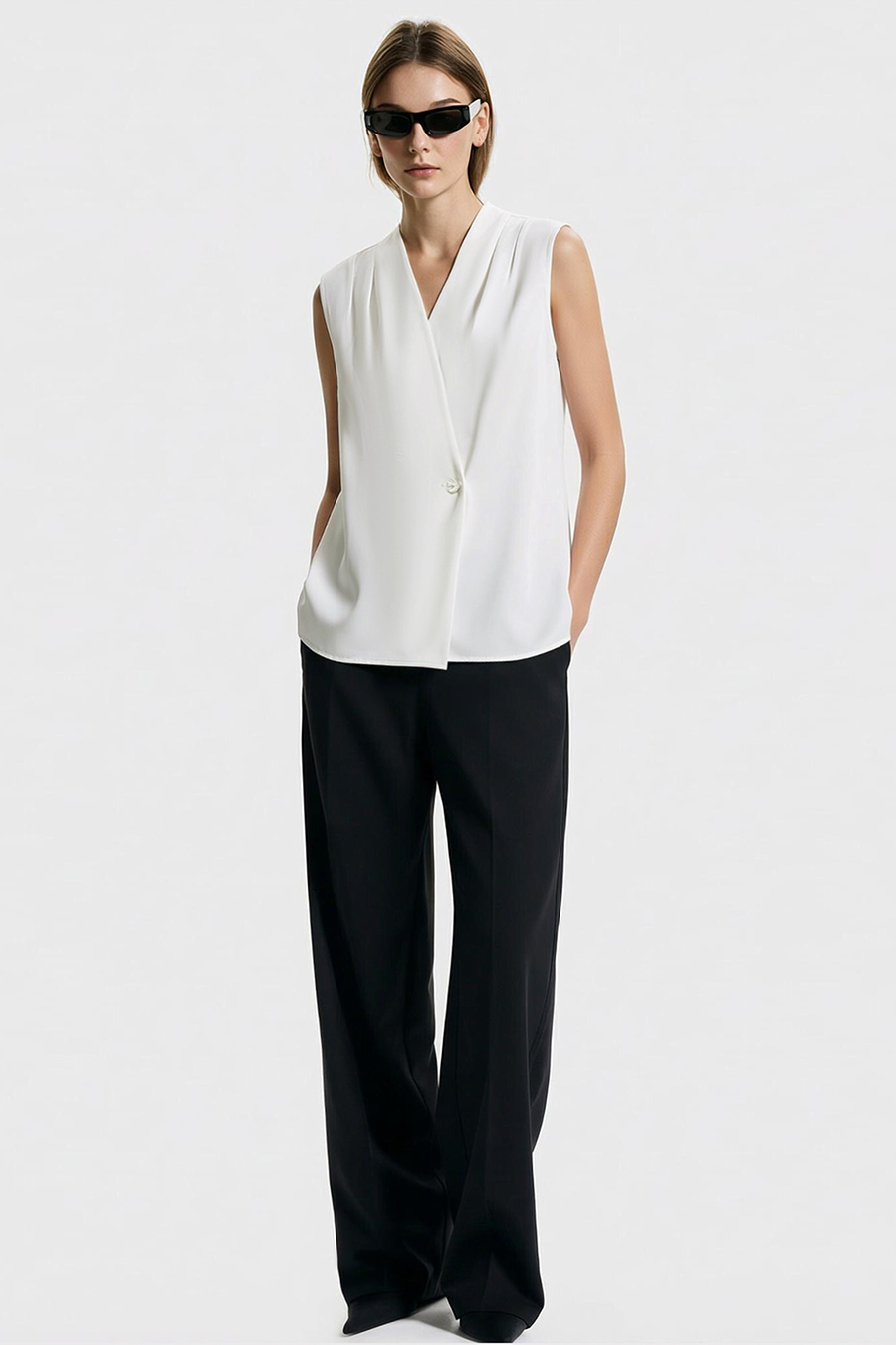 One-Button Sleeveless Chiffon Top