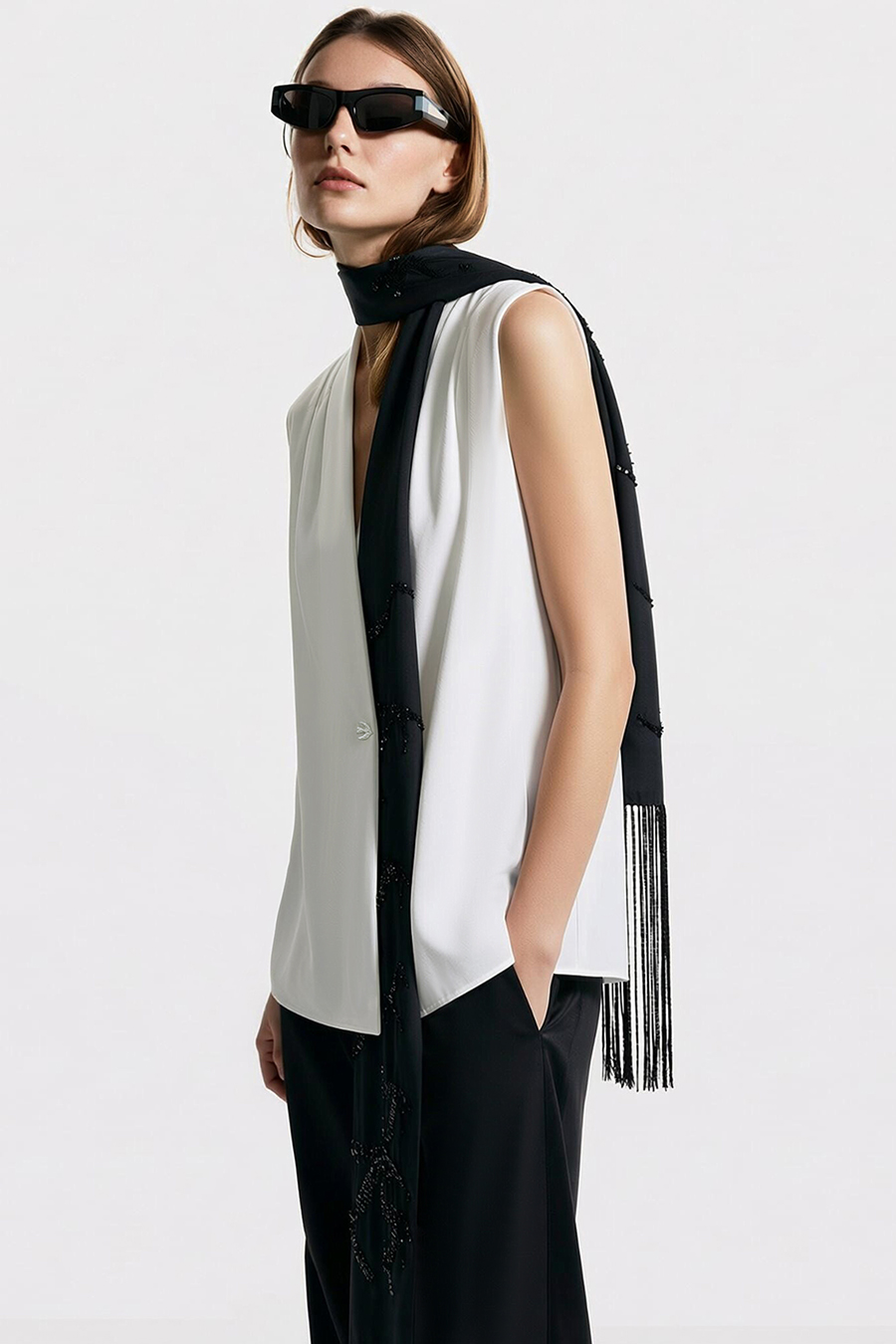 One-Button Sleeveless Chiffon Top