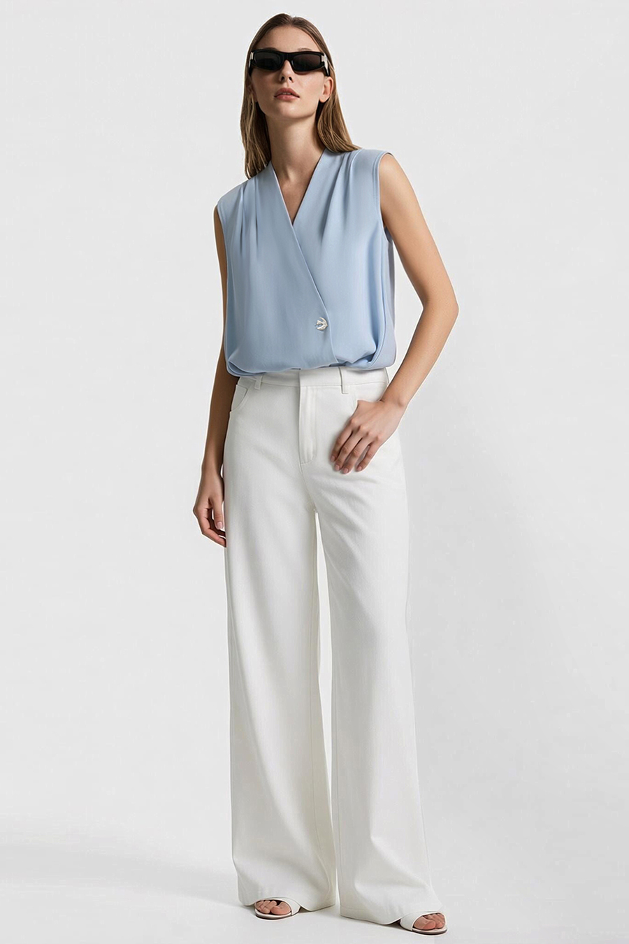One-Button Sleeveless Chiffon Top