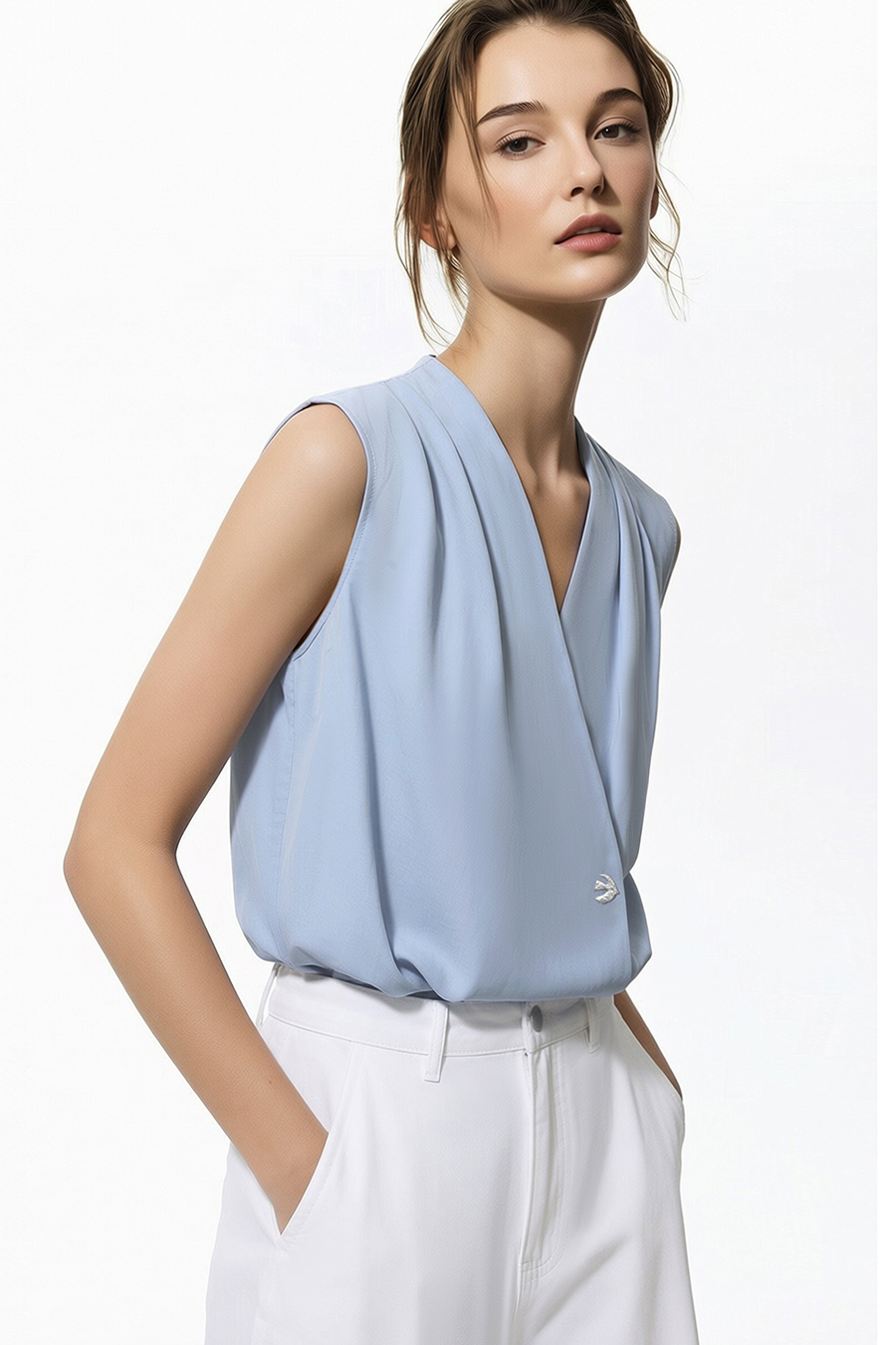 One-Button Sleeveless Chiffon Top