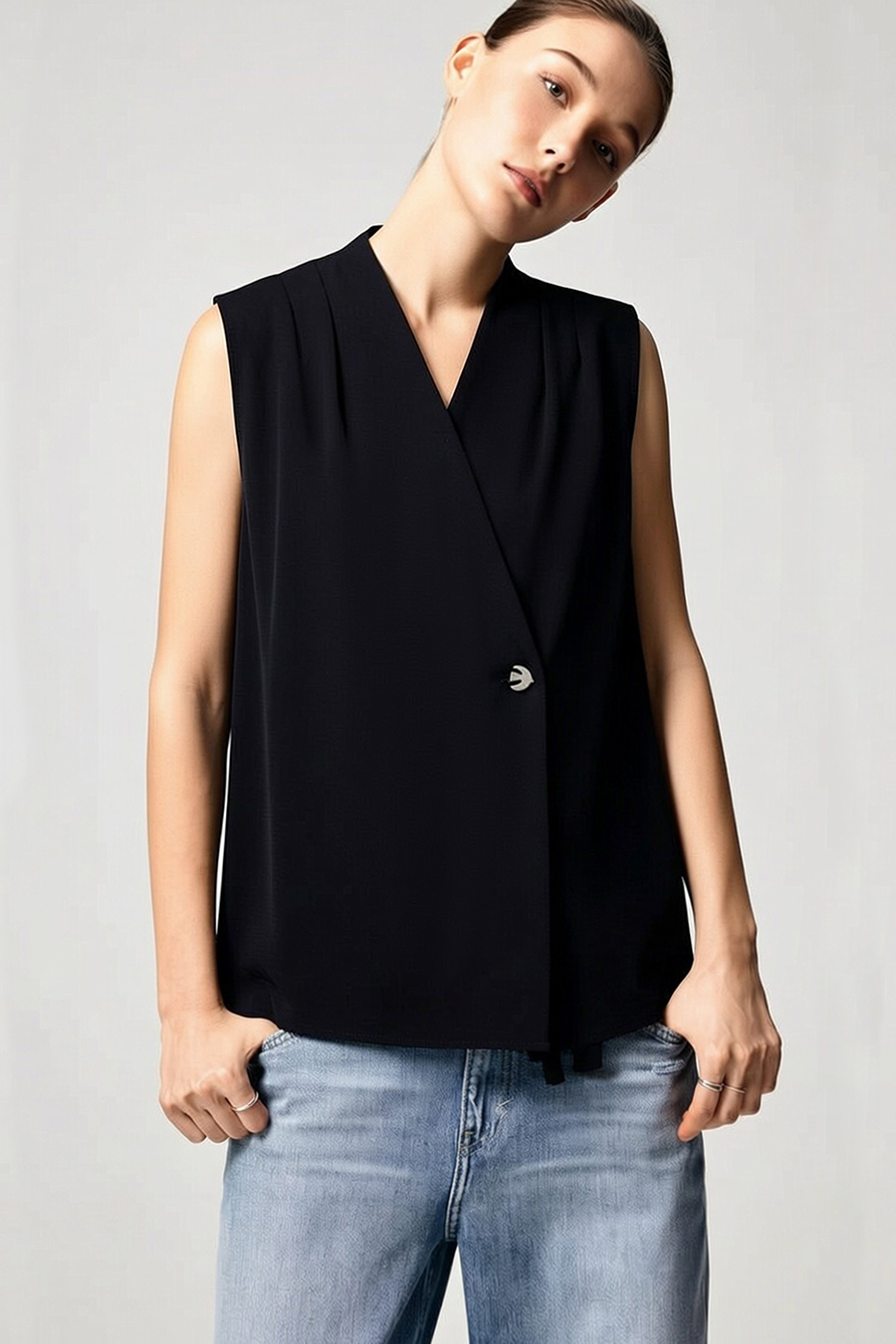 One-Button Sleeveless Chiffon Top