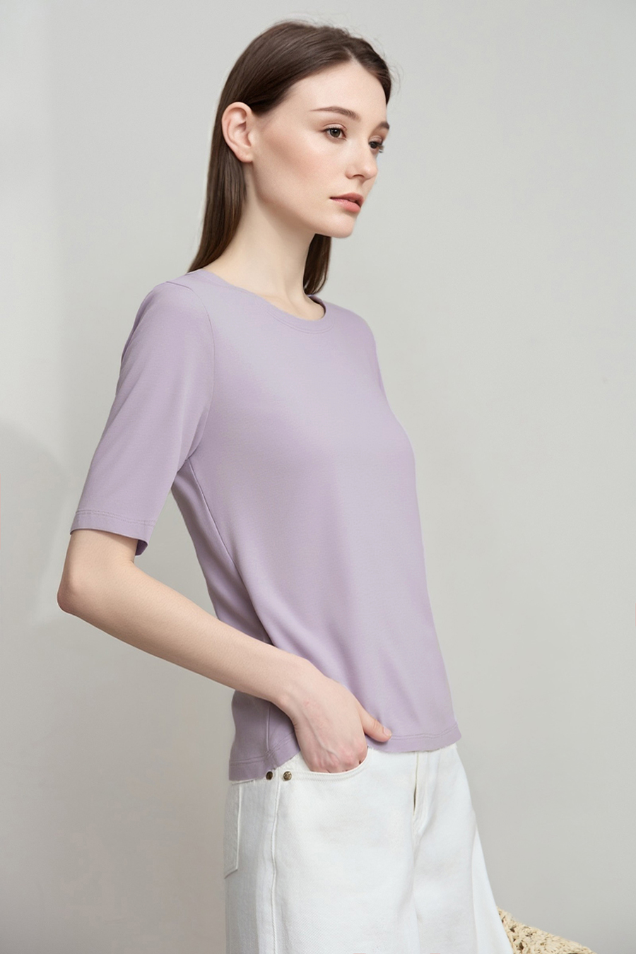 Crew Neck Three-quarter Sleeve Stretch Cotton T-shirt|AMII